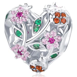 Solid 925 Sterling Silver Heart Colourful Floral Flower Pandora Inspired Charm