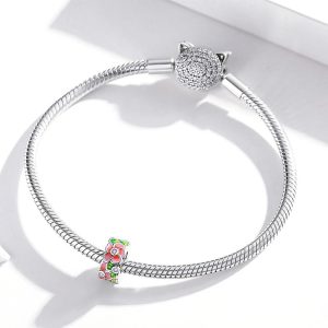 Solid 925 Sterling Silver Red Floral Pandora Inspired Charm