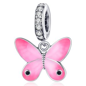 Solid 925 Sterling Silver Pink Sweet Butterfly Pandora Inspired Charm