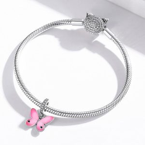 Solid 925 Sterling Silver Pink Sweet Butterfly Pandora Inspired Charm