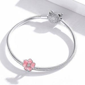 Solid 925 Sterling Silver Inlay Pink Floral Pandora Inspired Charm
