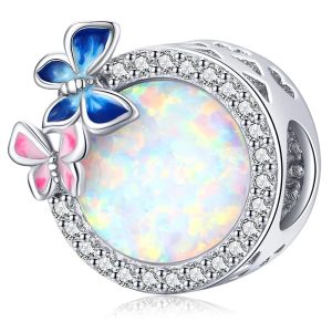 Solid 925 Sterling Silver Pink and Blue Inlay Couple Butterfly Pandora Inspired Charm