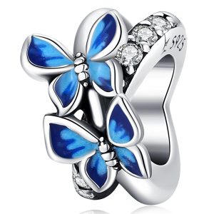 Solid 925 Sterling Silver Twin Blue Inlay Butterfly Pandora Inspired Charm