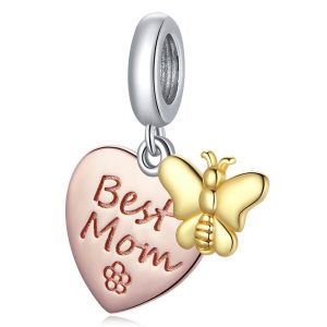 Solid 925 Sterling Silver Best Mom Heart and Butterfly Pandora Inspired Charm