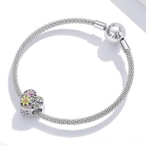 Solid 925 Sterling Silver Heart-Shaped Love You Floral Pandora Inspired Charm