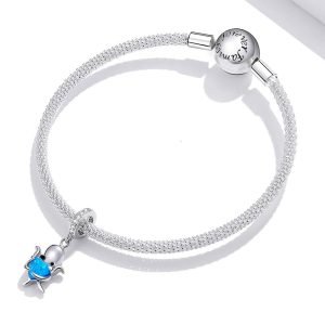 Solid 925 Sterling Silver Little Octopus feat. Blue Blazing Heart Pandora Inspired Charm