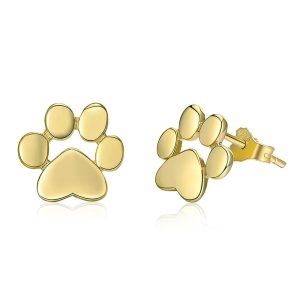 Solid 925 Sterling Silver Animal Paw Print Gold Stud Earrings