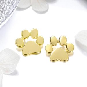 Solid 925 Sterling Silver Animal Paw Print Gold Stud Earrings
