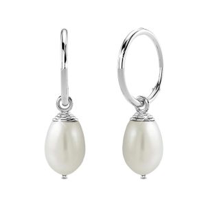 Solid 925 Sterling Silver Raindrop Pearl Hoop Earrings