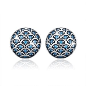 Solid 925 Sterling Silver Blue Mermaid Scale Earrings