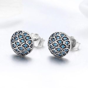 Solid 925 Sterling Silver Blue Mermaid Scale Earrings
