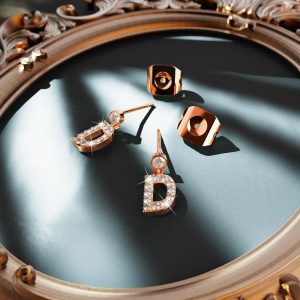 Solid 925 Sterling Silver Initial Crystal Personalised Alphabet Letter Earrings Rose Gold - D