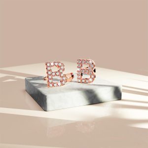 Solid 925 Sterling Silver Glamour Alphabet Letter Earrings Rose Gold - B