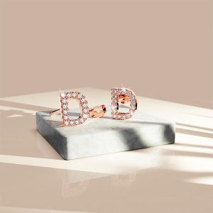 Solid 925 Sterling Silver Glamour Alphabet Letter Earrings Rose Gold - D