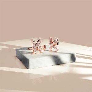 Solid 925 Sterling Silver Glamour Alphabet Letter Earrings Rose Gold - K