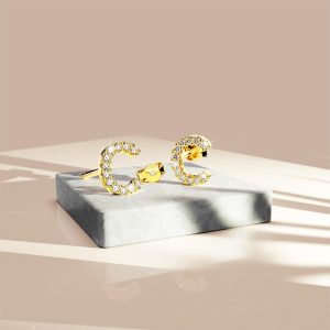 Solid 925 Sterling Silver Glamour Alphabet Letter Earrings Gold - C