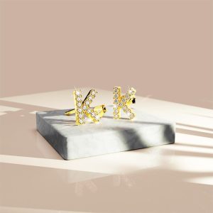 Solid 925 Sterling Silver Glamour Alphabet Letter Earrings Gold - K