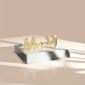 Solid 925 Sterling Silver Glamour Alphabet Letter Earrings Gold - M