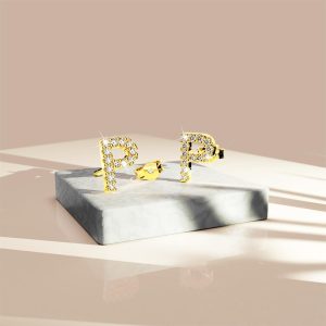 Solid 925 Sterling Silver Glamour Alphabet Letter Earrings Gold - P