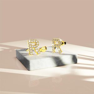 Solid 925 Sterling Silver Glamour Alphabet Letter Earrings Gold - R