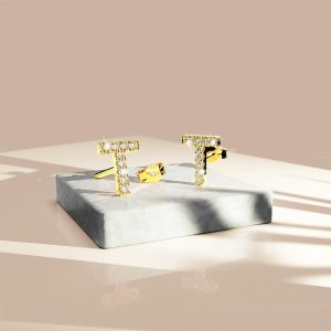 Solid 925 Sterling Silver Glamour Alphabet Letter Earrings Gold - T