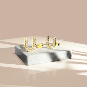 Solid 925 Sterling Silver Glamour Alphabet Letter Earrings Gold - U