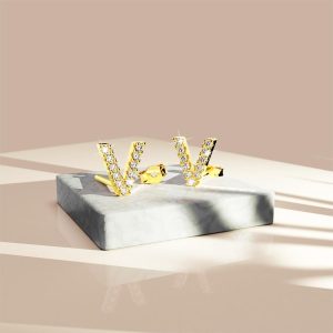 Solid 925 Sterling Silver Glamour Alphabet Letter Earrings Gold - V