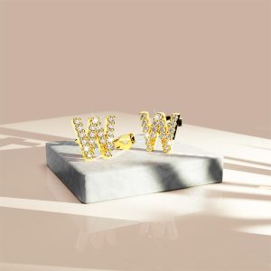 Solid 925 Sterling Silver Glamour Alphabet Letter Earrings Gold - W