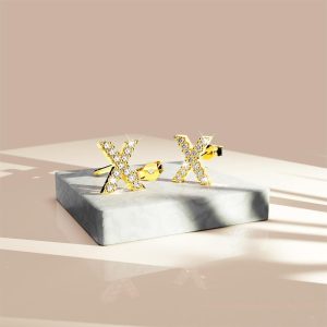 Solid 925 Sterling Silver Glamour Alphabet Letter Earrings Gold - X
