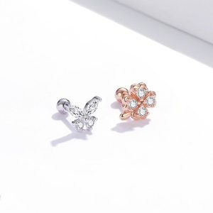 Solid 925 Sterling Silver Mismatch Butterfly Clover Zirconias Stud Earrings