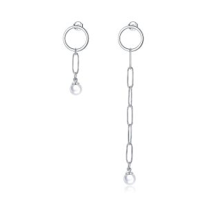 Solid 925 Sterling Silver Asymmetrical Chain Shell Pearl Drop Earrings