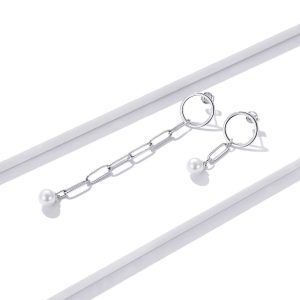 Solid 925 Sterling Silver Asymmetrical Chain Shell Pearl Drop Earrings