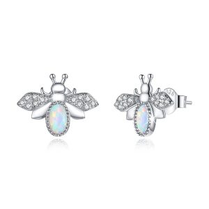 Solid 925 Sterling Silver Queen Bee Cabochon Opal Stud Earrings