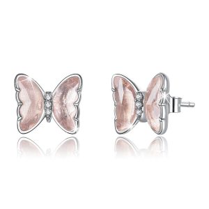 Solid 925 Sterling Silver Inlay Sweet Zircons Butterfly Stud Earrings