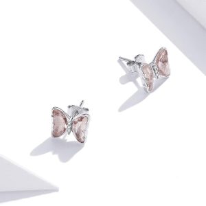 Solid 925 Sterling Silver Inlay Sweet Zircons Butterfly Stud Earrings