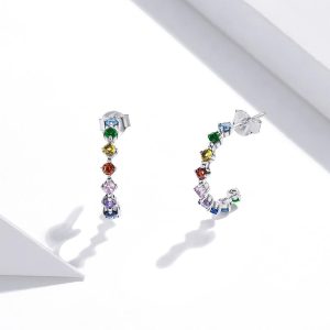 Solid 925 Sterling Silver Multicolour Crystals Stud Earrings