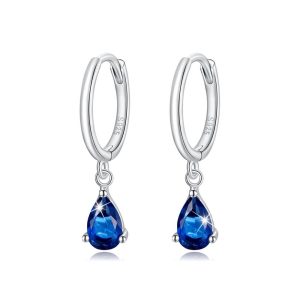 Solid 925 Sterling Silver Sapphire Blue Crystal Drop Earrings