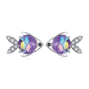 Solid 925 Sterling Silver 3D Fish Gradient Purple Stud Earrings