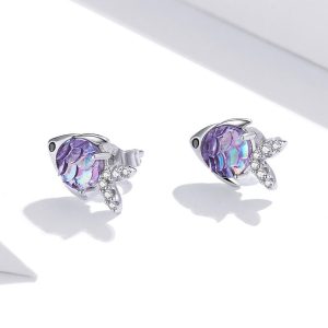 Solid 925 Sterling Silver 3D Fish Gradient Purple Stud Earrings