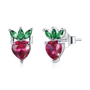 Solid 925 Sterling Silver Strawberry Cubic Zirconia Stud Earrings