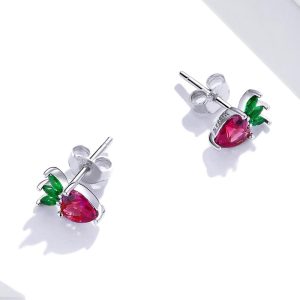 Solid 925 Sterling Silver Strawberry Cubic Zirconia Stud Earrings