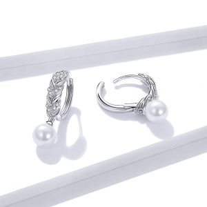 Solid 925 Sterling Silver Feather with Pearl Drop Earrings