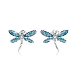 Solid 925 Sterling Silver Dragonflies in Blue Stud Earrings