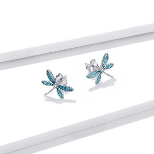 Solid 925 Sterling Silver Dragonflies in Blue Stud Earrings