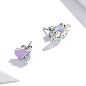 Solid 925 Sterling Silver Glitzy Pastel Unicorn Stud Earrings