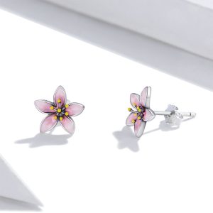 Solid 925 Sterling Silver Pink Floral Stud Earrings