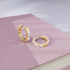 Solid 925 Sterling Silver Clove Zircon Huggie Earrings Gold