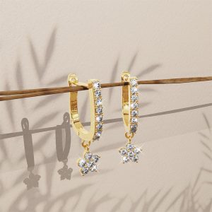 Solid 925 Sterling Silver Floret Zircon Huggie Earrings Gold