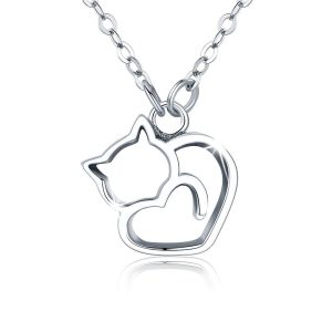 Solid 925 Sterling Silver Cat Love Necklace