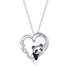 Solid 925 Sterling Silver Zircon Heart Shaped Baby Panda Necklace
